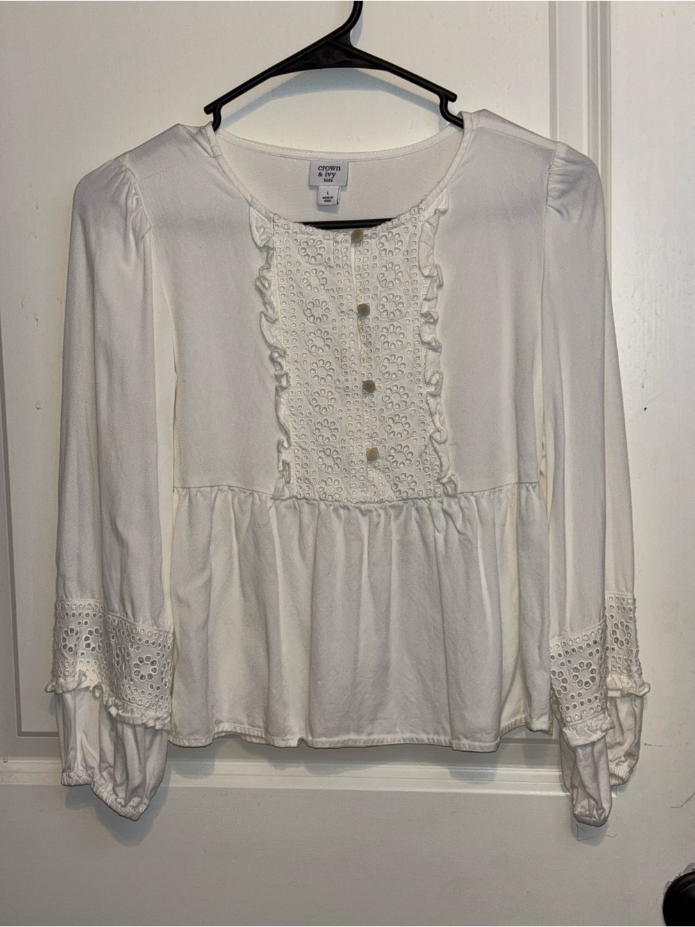 Crown & Ivy White Eyelet Ruffle Front Blouse